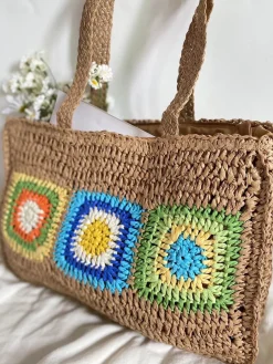 Elena Handbags Granny Patch Large Straw Summer Tote