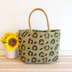 Elena Handbags Green Leopard Design Raffia Summer Tote Bag