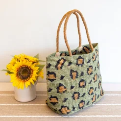 Elena Handbags Green Leopard Design Raffia Summer Tote Bag