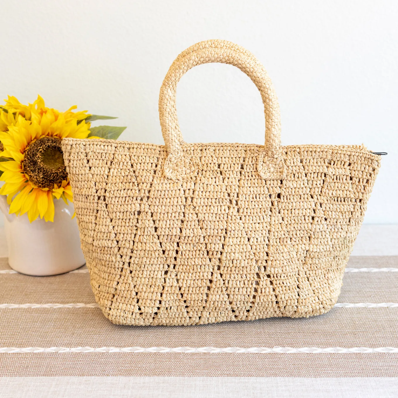 Elena Handbags Hand Woven Fashion Raffia Top Handle Beach Bag