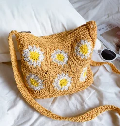 Elena Handbags Handmade Crochet Floral Square Shoulder Bag
