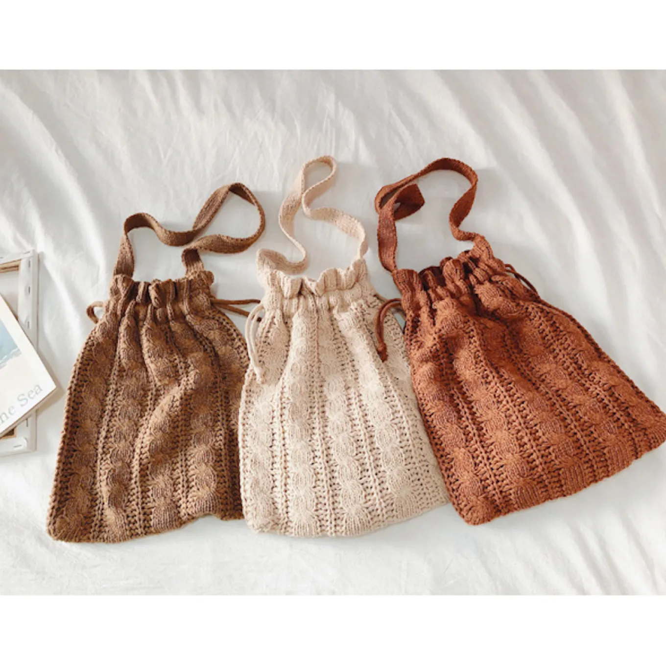 Elena Handbags Handmade Cotton Knitted Drawstring Bag