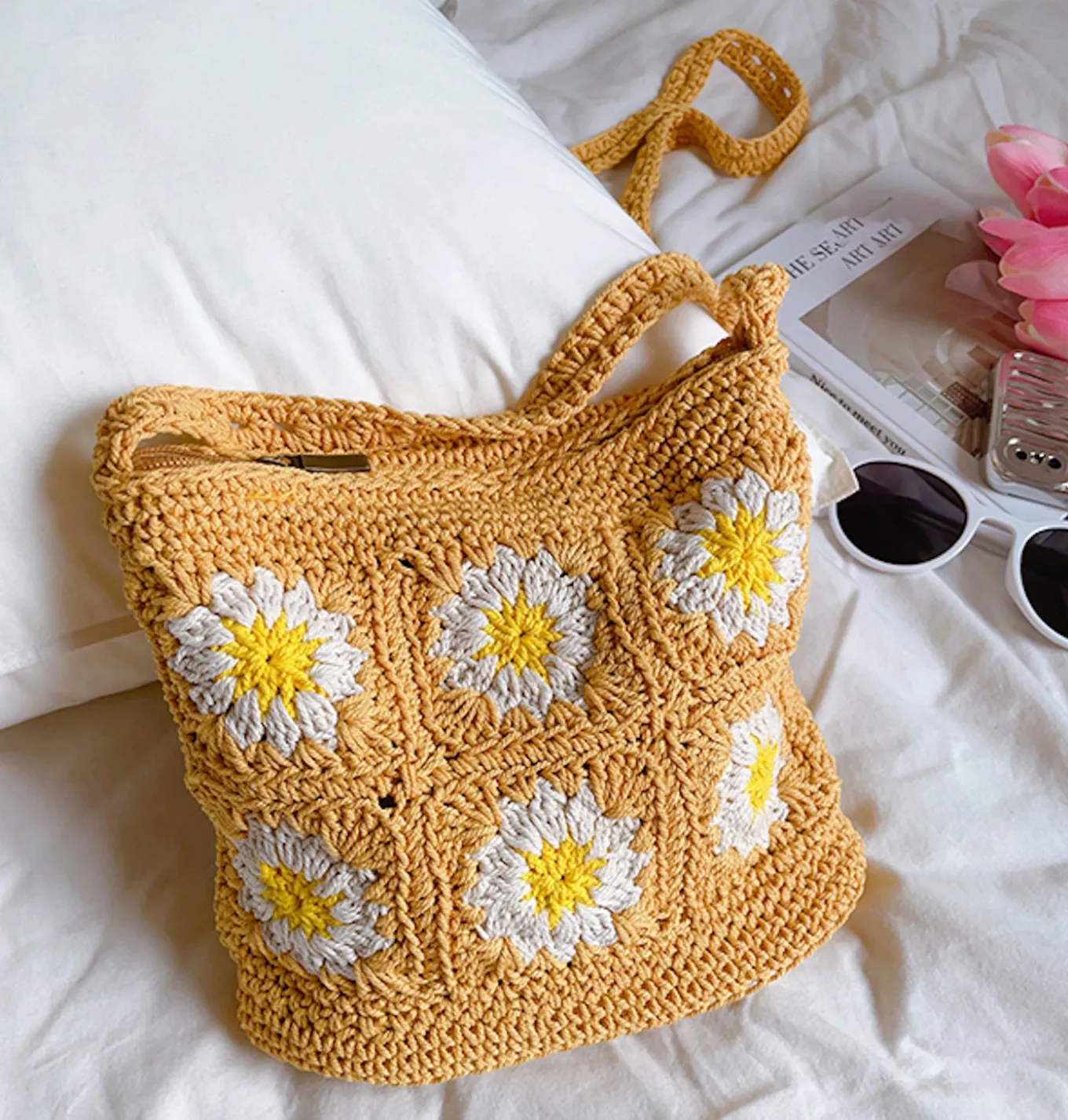 Elena Handbags Handmade Crochet Floral Square Shoulder Bag