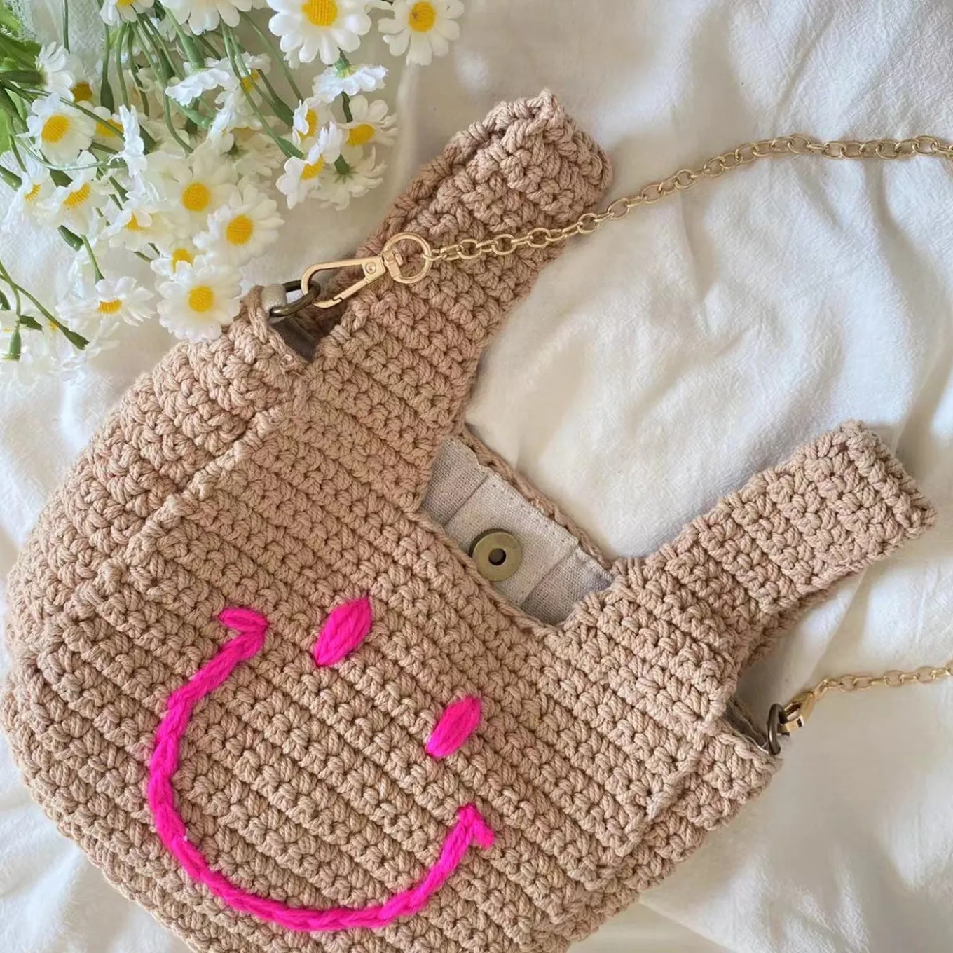 Elena Handbags Handmade Crochet Smiley Bag