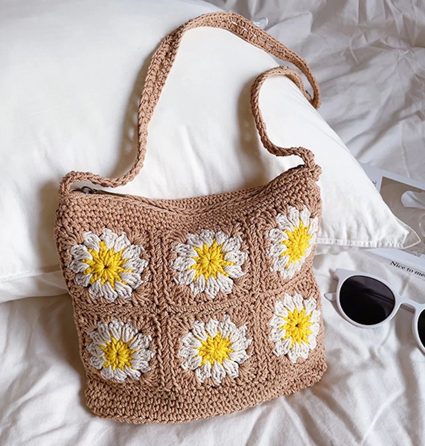 Elena Handbags Handmade Crochet Floral Square Shoulder Bag