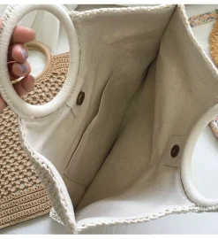 Elena Handbags Handmade Crochet Large Cotton Knitted Top Handle Bag with Fishnet Design