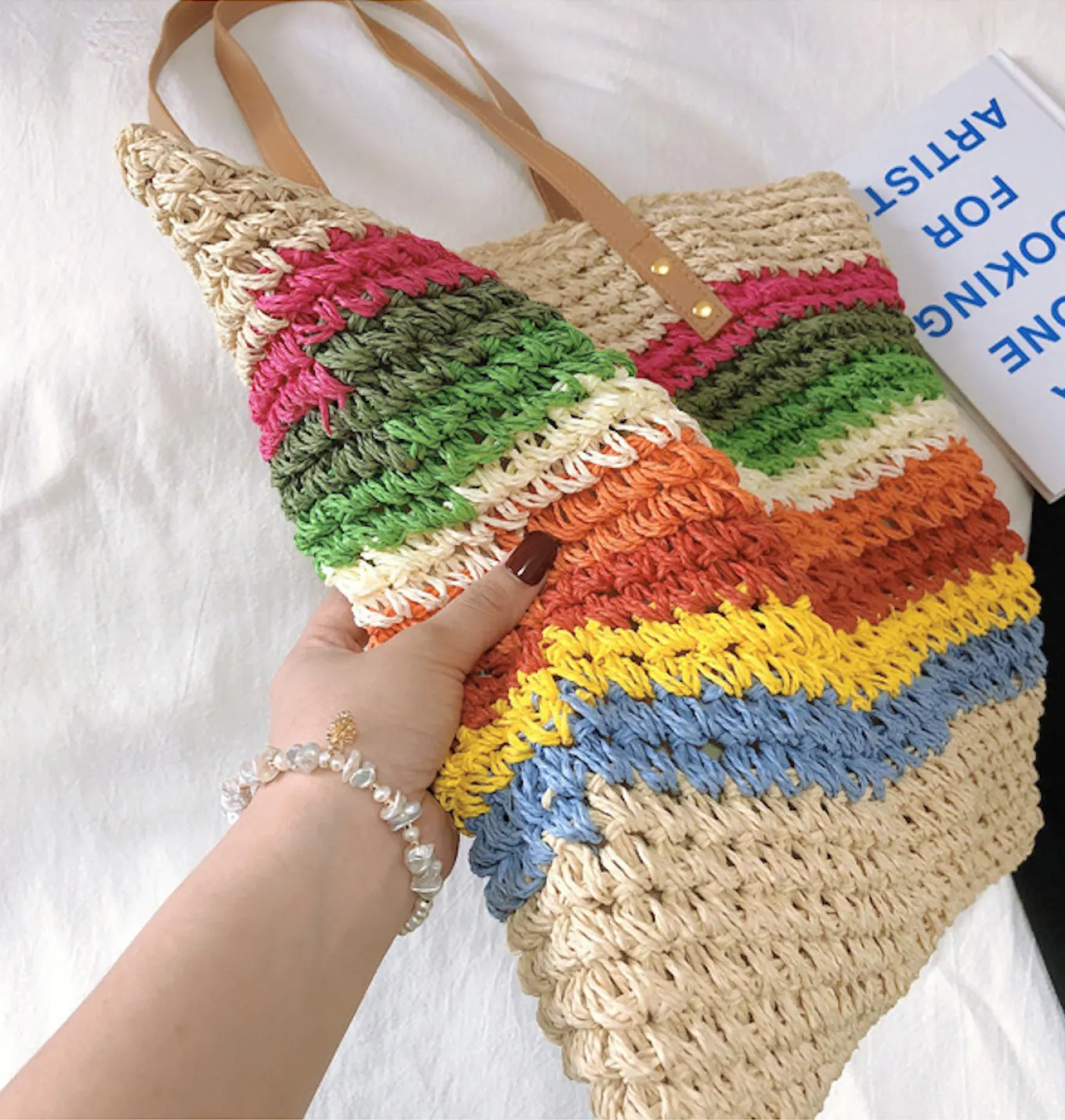 Elena Handbags Large Rainbow Straw Tote
