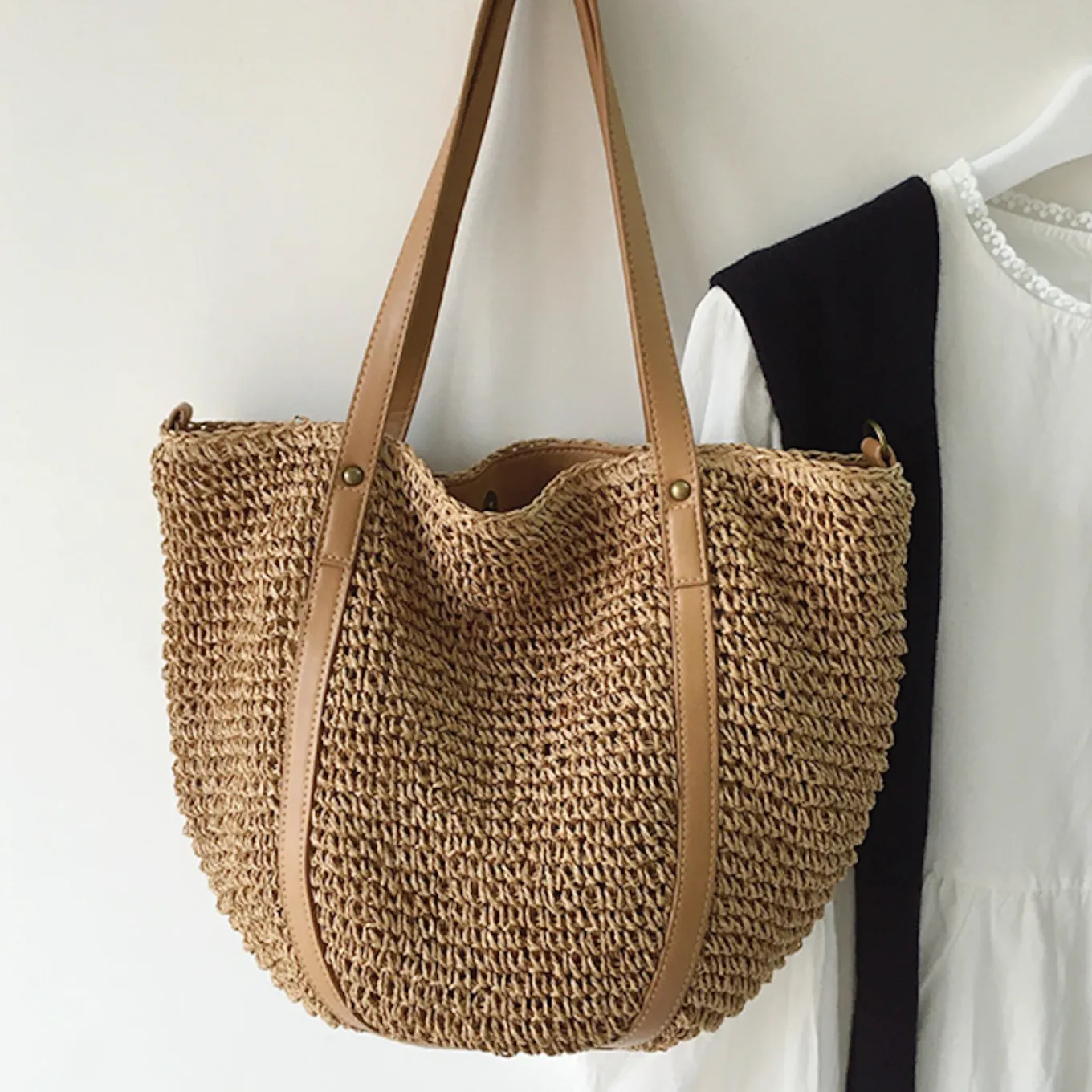 Elena Handbags Large Straw Woven Tote Bag