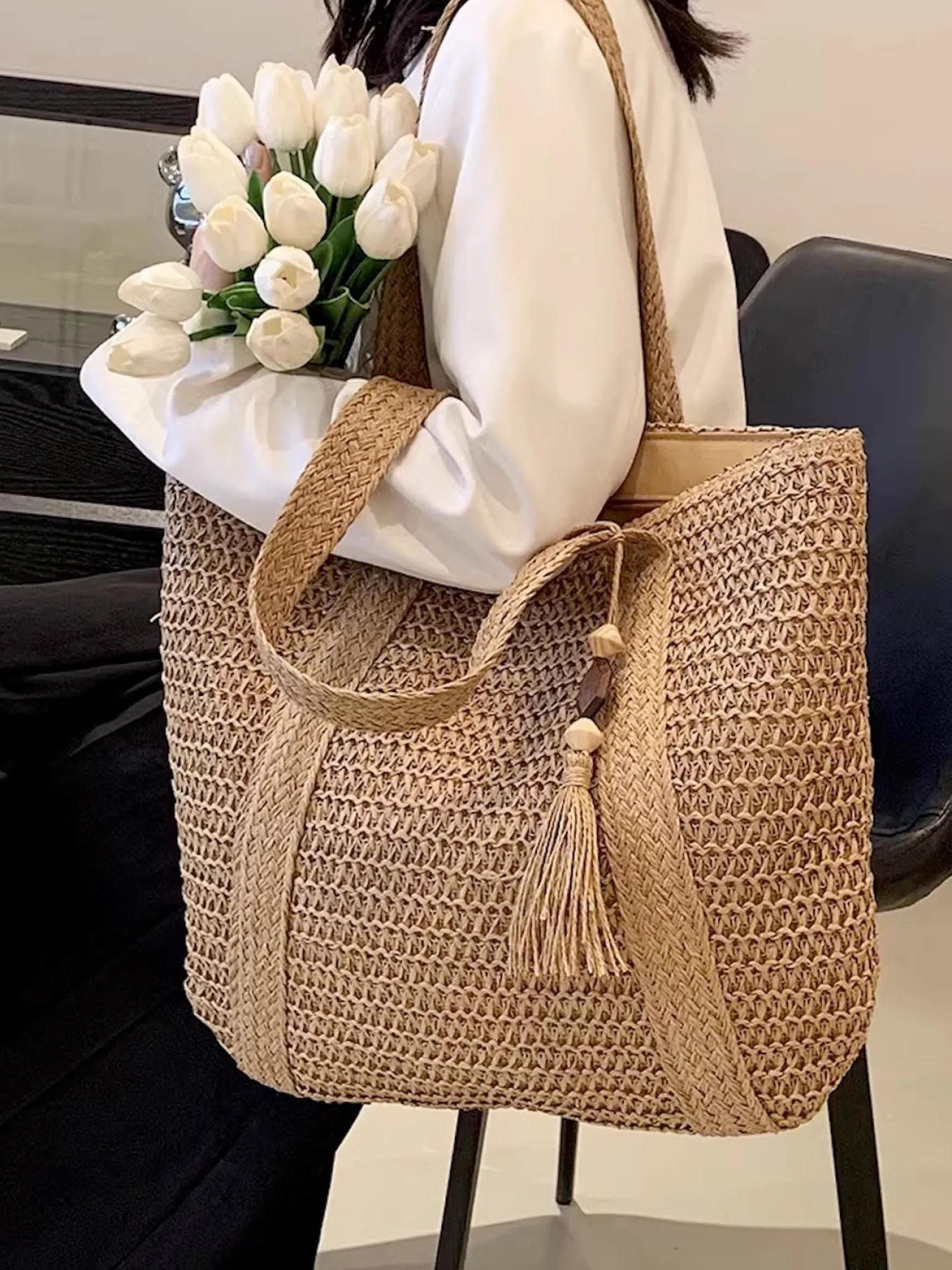 Elena Handbags Large Straw Woven Tote Bag