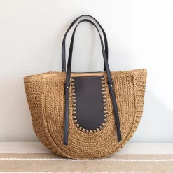 Elena Handbags Large Straw Woven Round Tote with Brown Leather Accents - Perfect Beach Bag or Summer Handbag