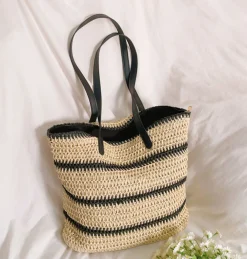 Elena Handbags Large Straw Striped Summer Tote