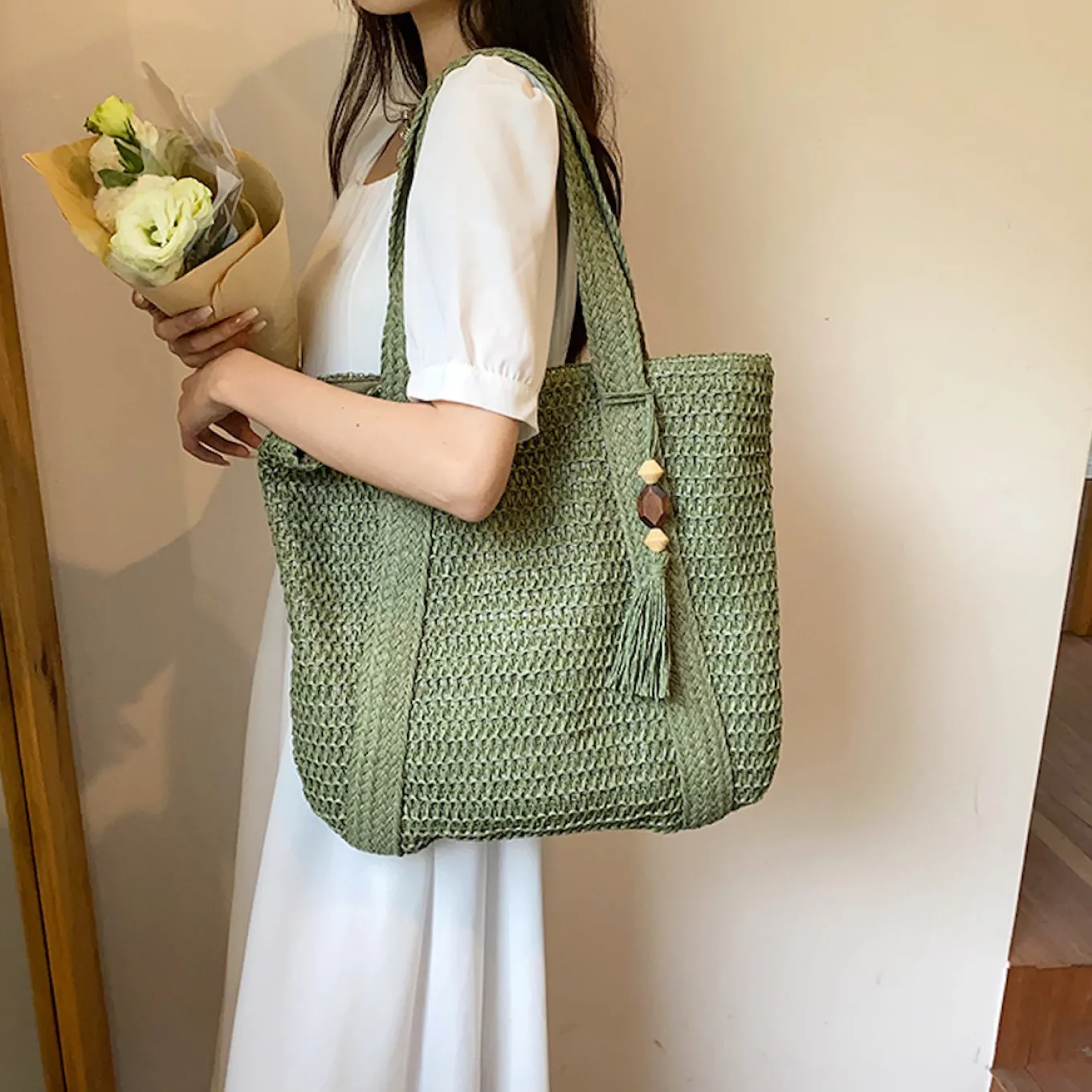 Elena Handbags Large Straw Woven Tote Bag