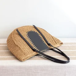Elena Handbags Large Straw Woven Round Tote with Brown Leather Accents - Perfect Beach Bag or Summer Handbag