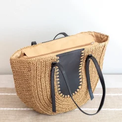 Elena Handbags Large Straw Woven Round Tote with Brown Leather Accents - Perfect Beach Bag or Summer Handbag