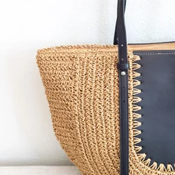 Elena Handbags Large Straw Woven Round Tote with Brown Leather Accents - Perfect Beach Bag or Summer Handbag
