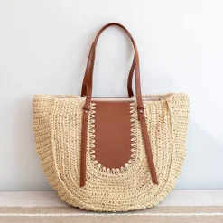 Elena Handbags Large Straw Woven Round Tote with Brown Leather Accents - Perfect Beach Bag or Summer Handbag