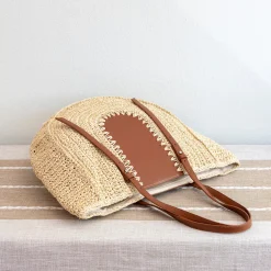 Elena Handbags Large Straw Woven Round Tote with Brown Leather Accents - Perfect Beach Bag or Summer Handbag