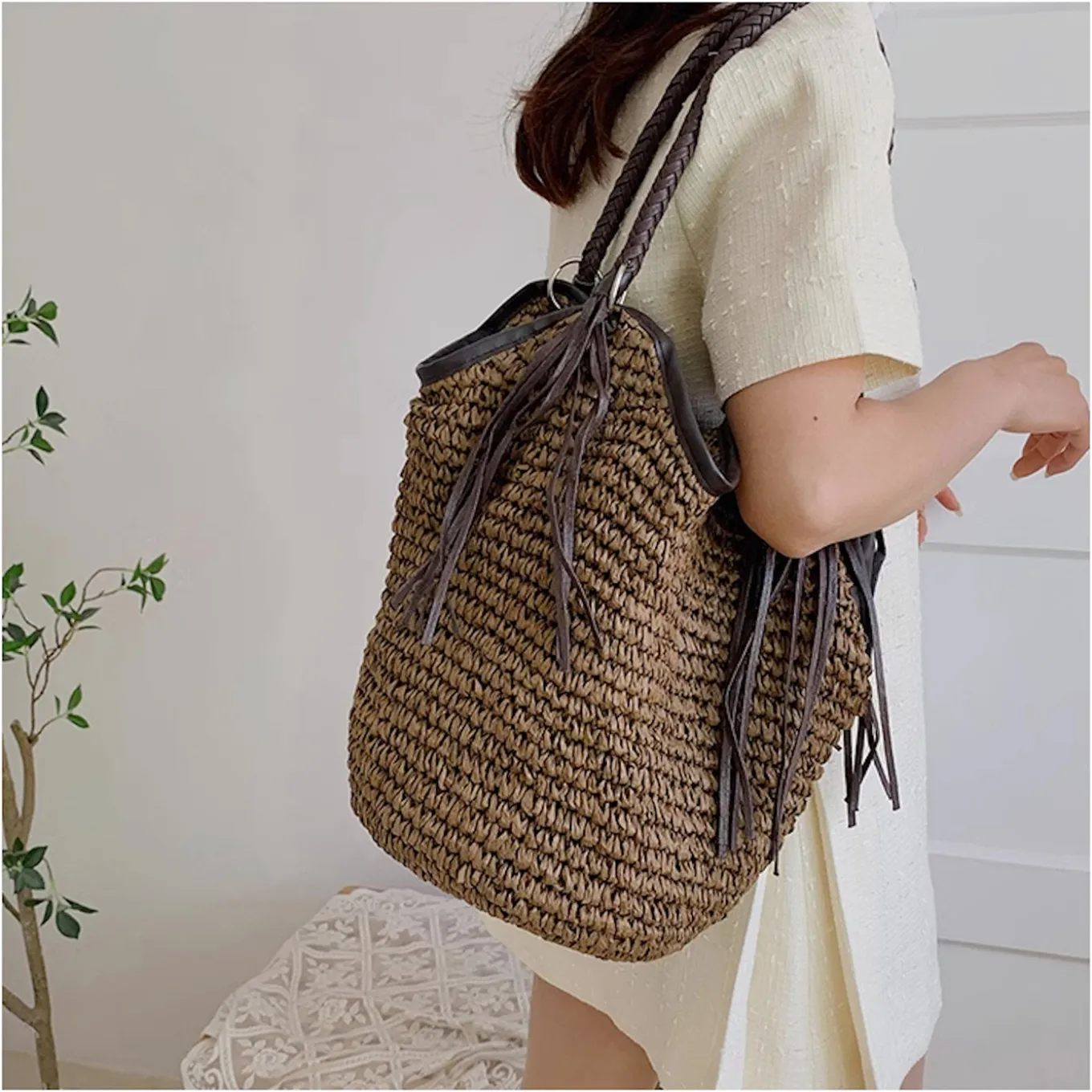 Elena Handbags Large Straw Woven Bucket Tote Bag