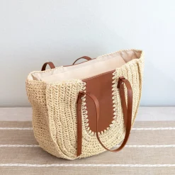 Elena Handbags Large Straw Woven Round Tote with Brown Leather Accents - Perfect Beach Bag or Summer Handbag