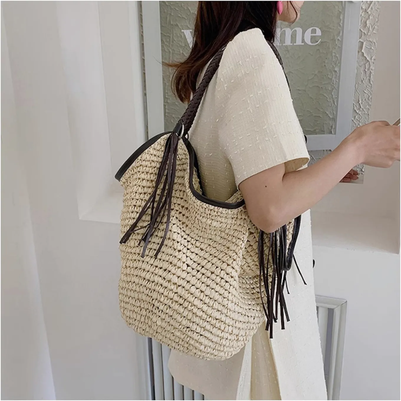 Elena Handbags Large Straw Woven Bucket Tote Bag