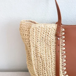 Elena Handbags Large Straw Woven Round Tote with Brown Leather Accents - Perfect Beach Bag or Summer Handbag