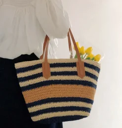 Elena Handbags Large Striped Straw Woven Tote Bag