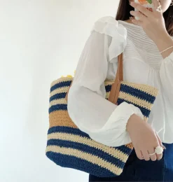 Elena Handbags Large Striped Straw Woven Tote Bag