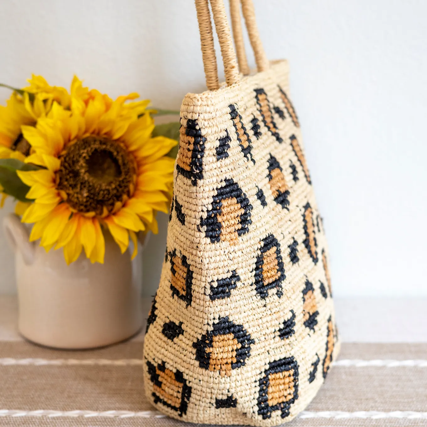 Elena Handbags Leopard Design Raffia Summer Tote Bag