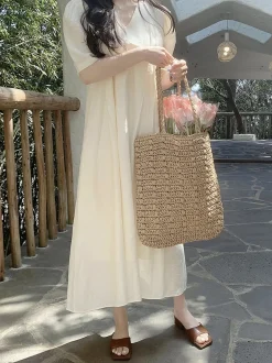 Elena Handbags Lightweight Straw Woven Square Tote Bag