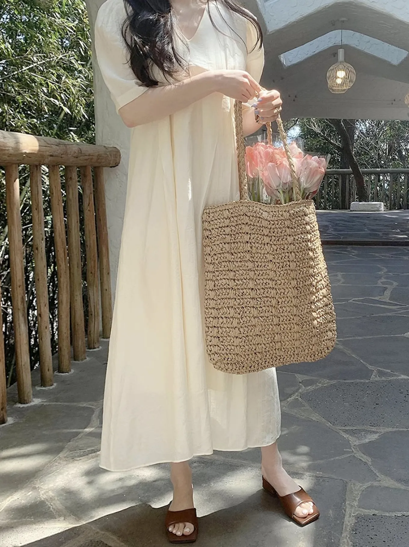 Elena Handbags Lightweight Straw Woven Square Tote Bag