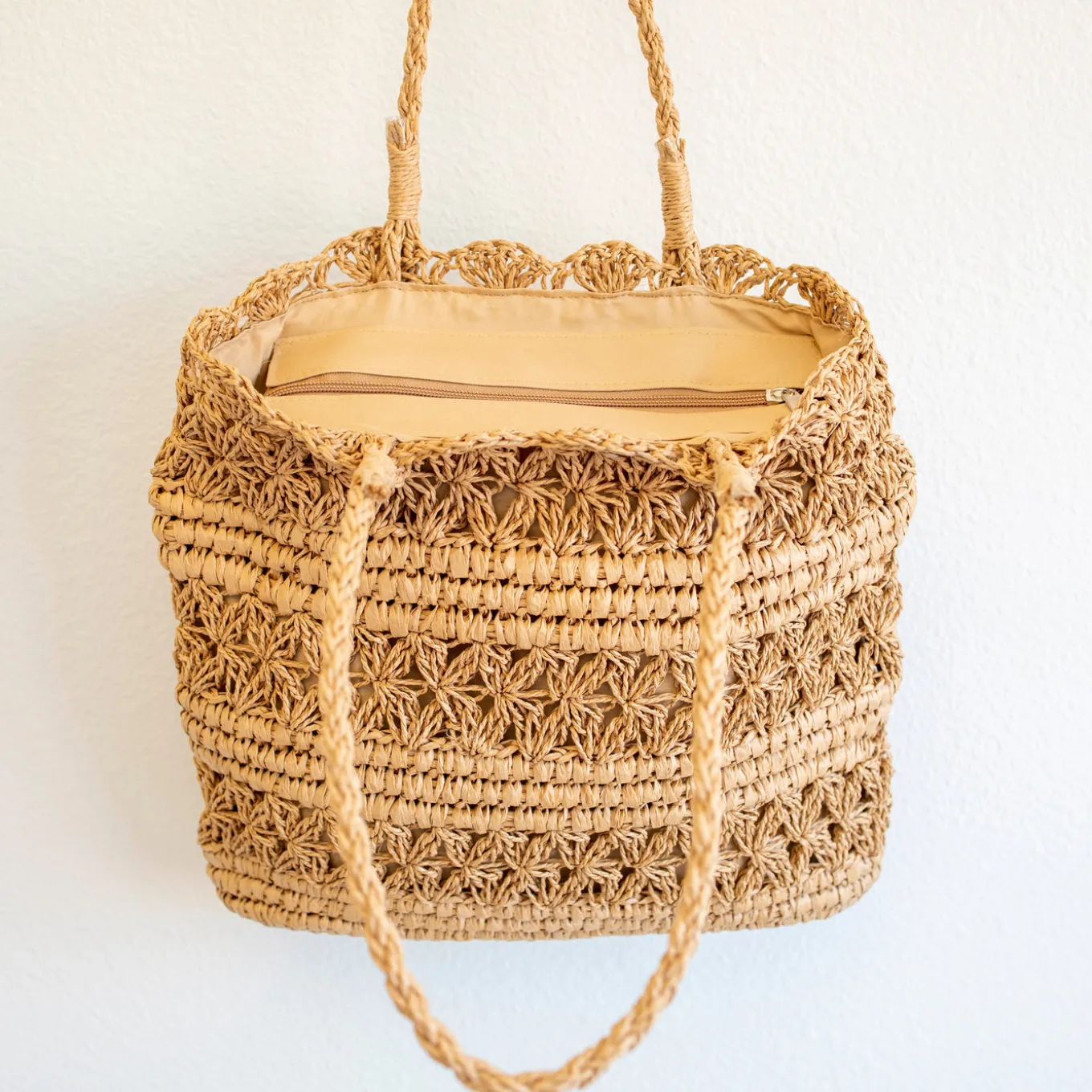 Elena Handbags Long Handle Floral Design Straw Beach Tote