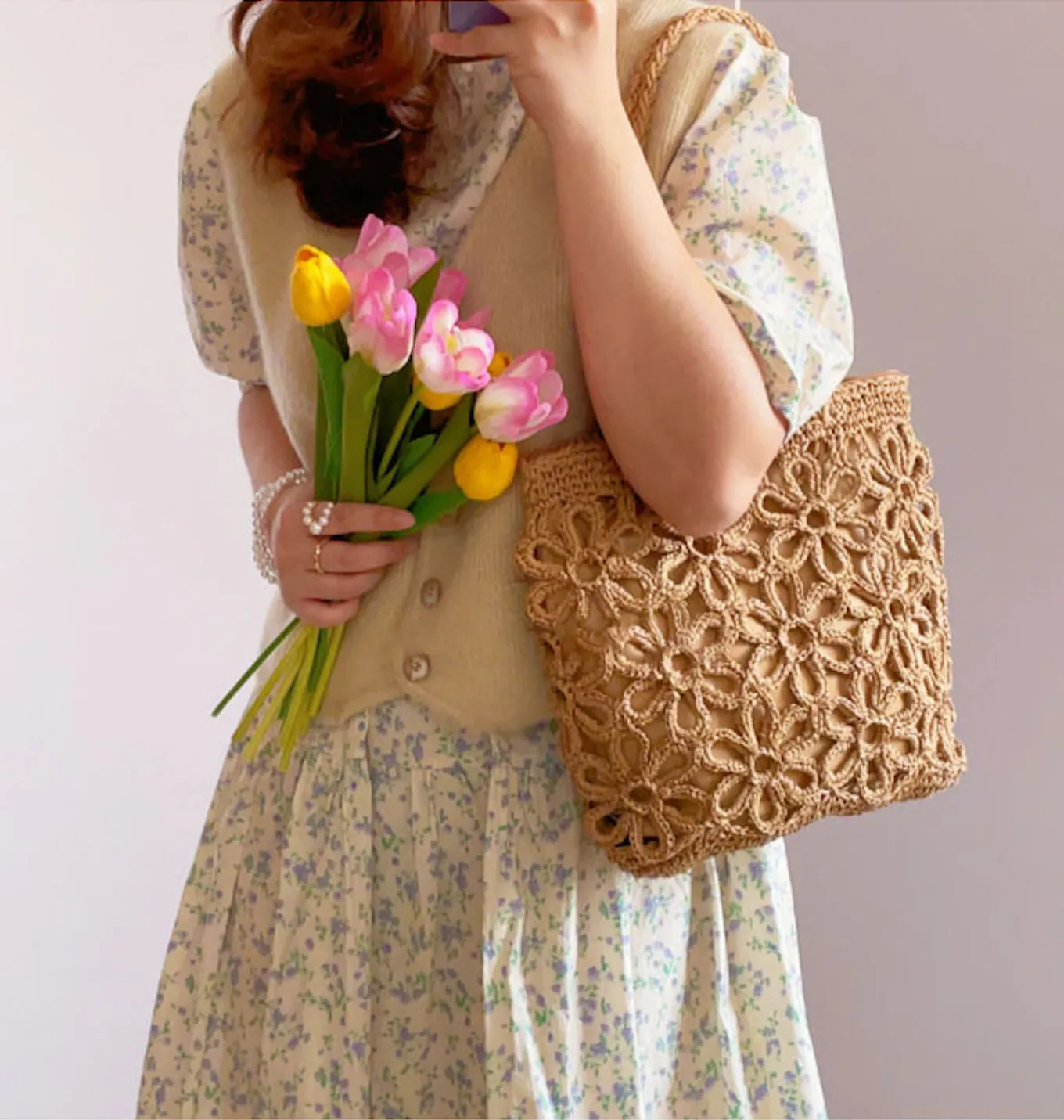 Elena Handbags Long Handle Floral Design Straw Beach Tote