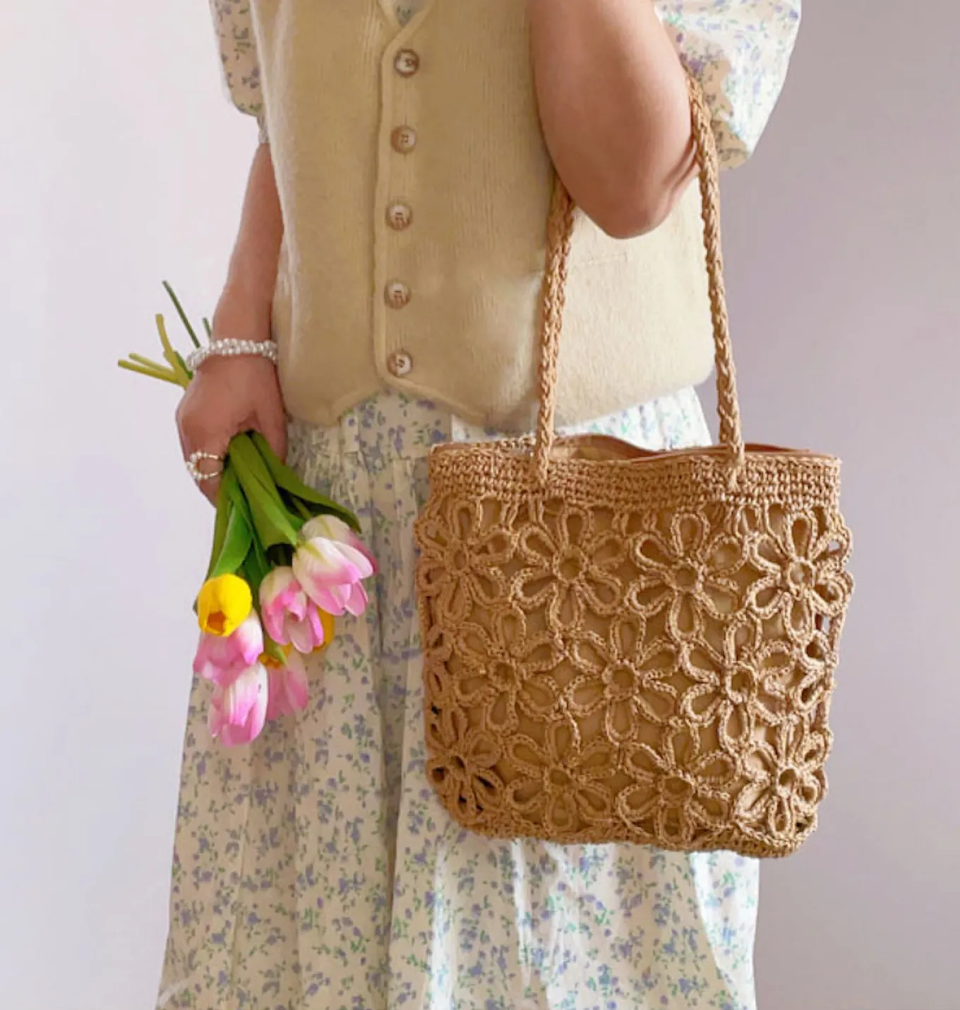 Elena Handbags Long Handle Floral Design Straw Beach Tote