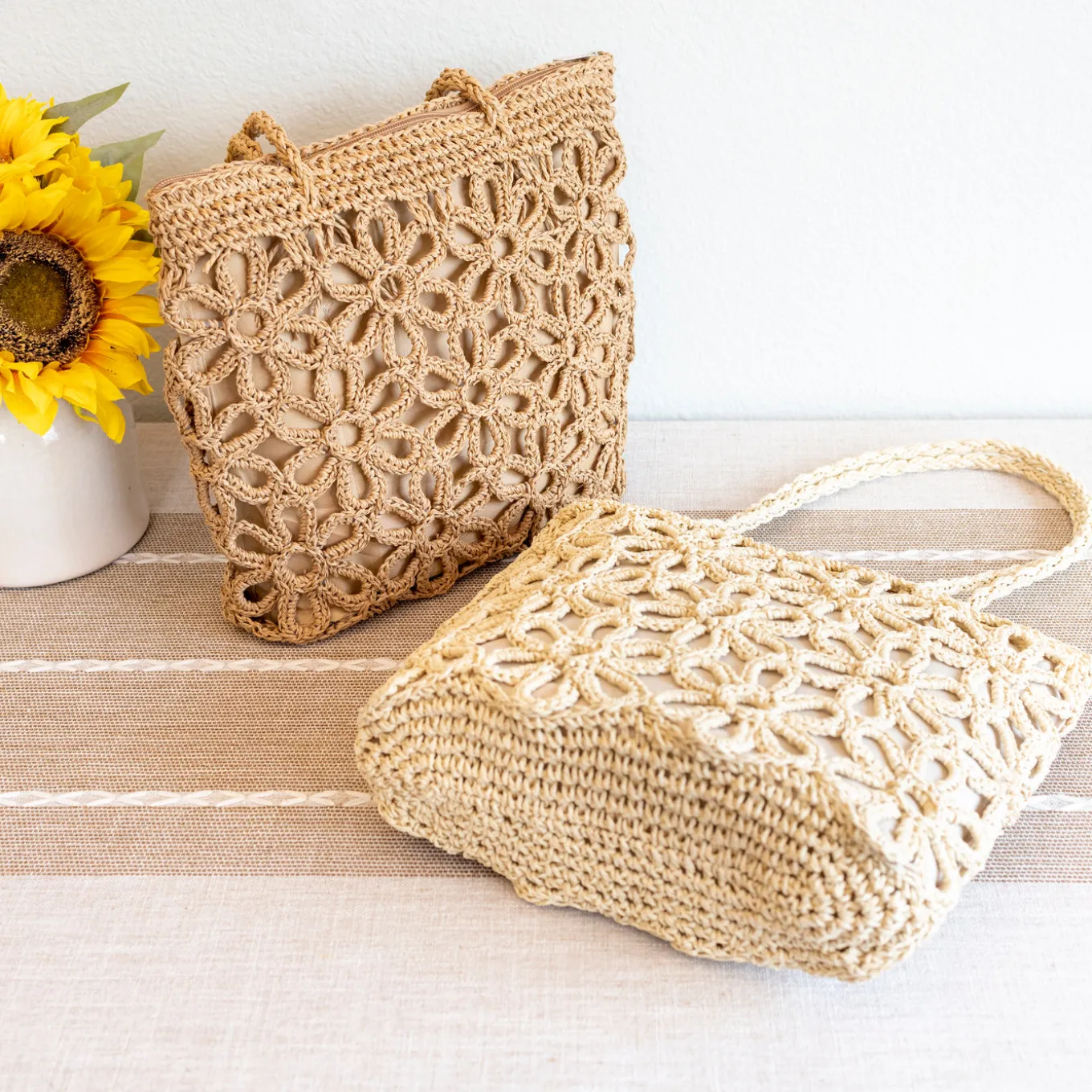 Elena Handbags Long Handle Floral Design Straw Beach Tote