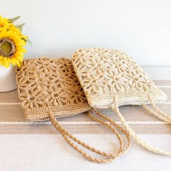 Elena Handbags Long Handle Floral Design Straw Beach Tote