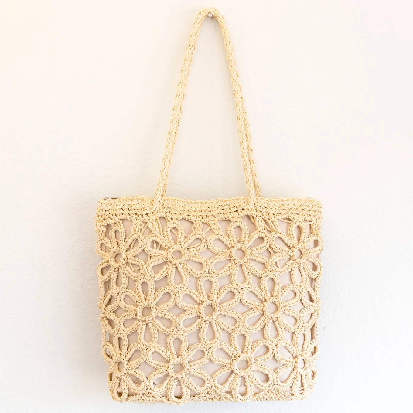 Elena Handbags Long Handle Floral Design Straw Beach Tote