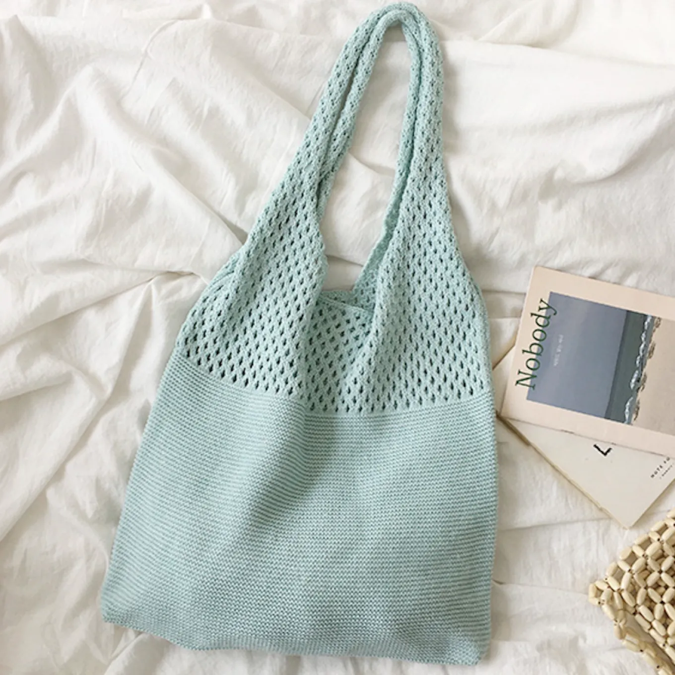 Elena Handbags Macaron Colored Cotton Knitted Shoulder Bag