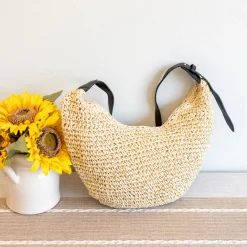 Elena Handbags Medium Size Straw Croissant Crossbody Bag
