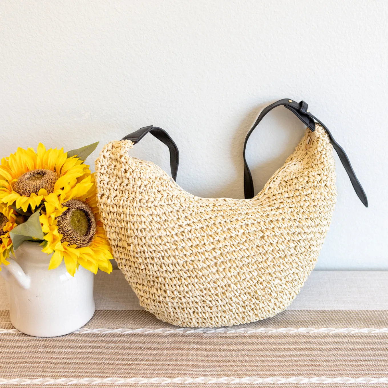 Elena Handbags Medium Size Straw Croissant Crossbody Bag