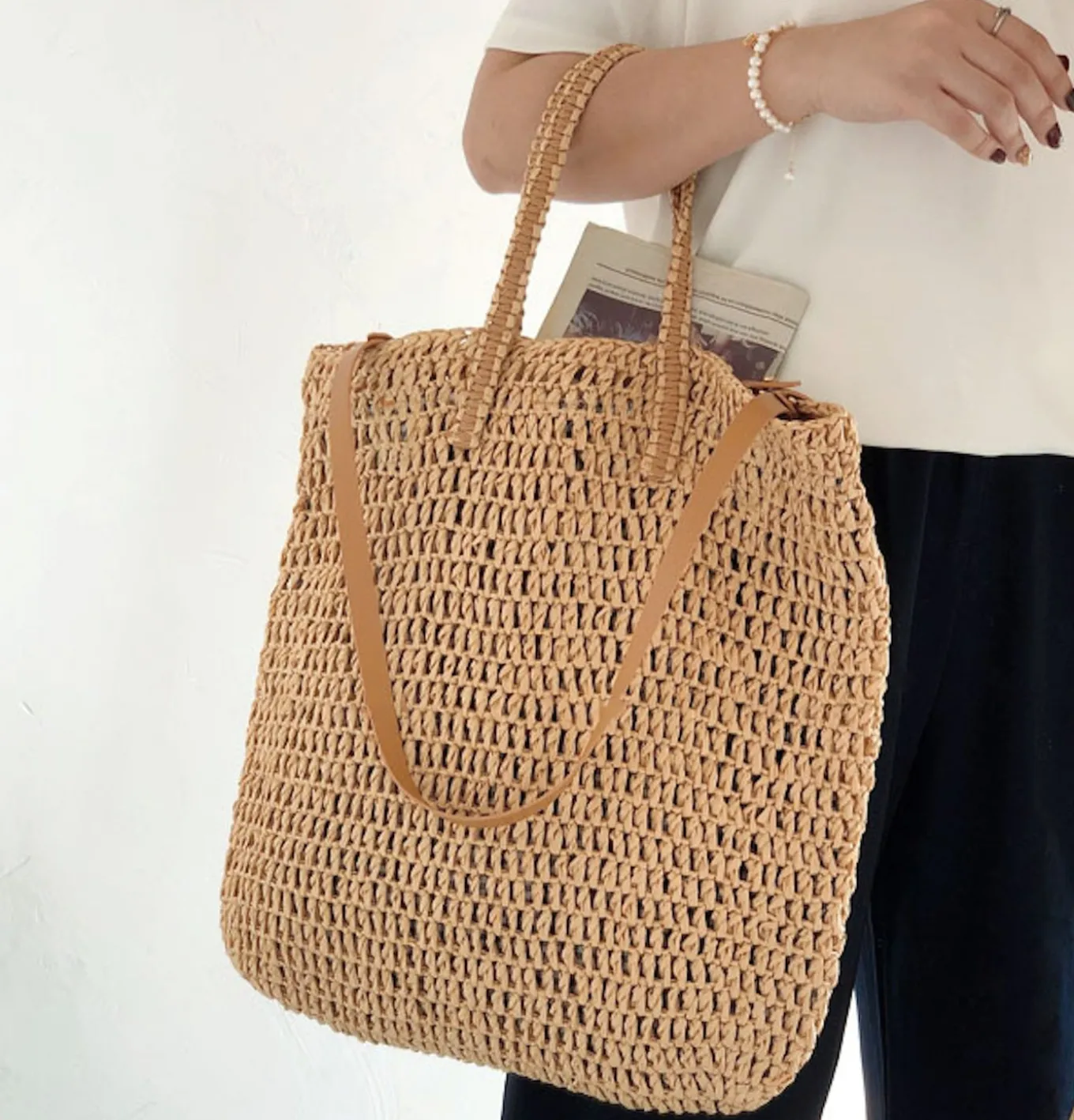 Elena Handbags Minimalistic Straw Woven Tote Bag