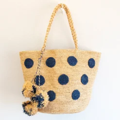 Elena Handbags Natural Raffia Polka Dot Summer Beach Shoulder Tote