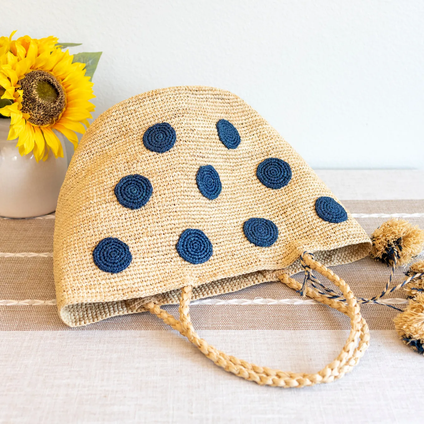 Elena Handbags Natural Raffia Polka Dot Summer Beach Shoulder Tote