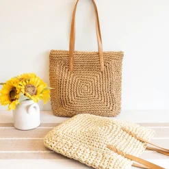 Elena Handbags Patterned Straw Woven Tote Bag