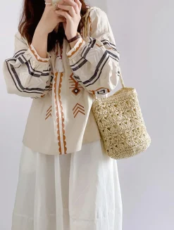 Elena Handbags Patterned Straw Shoulder Bucket Bag