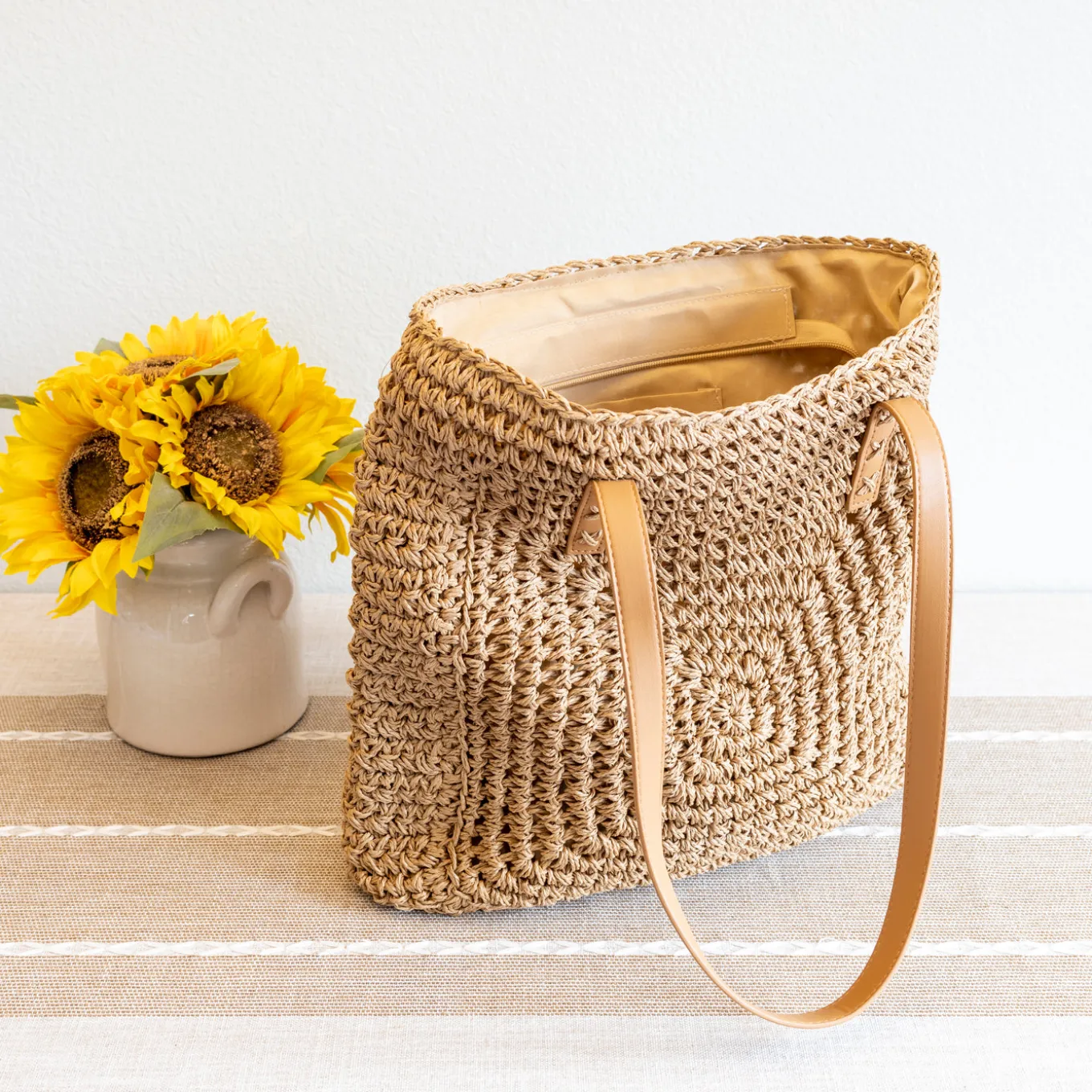 Elena Handbags Patterned Straw Woven Tote Bag