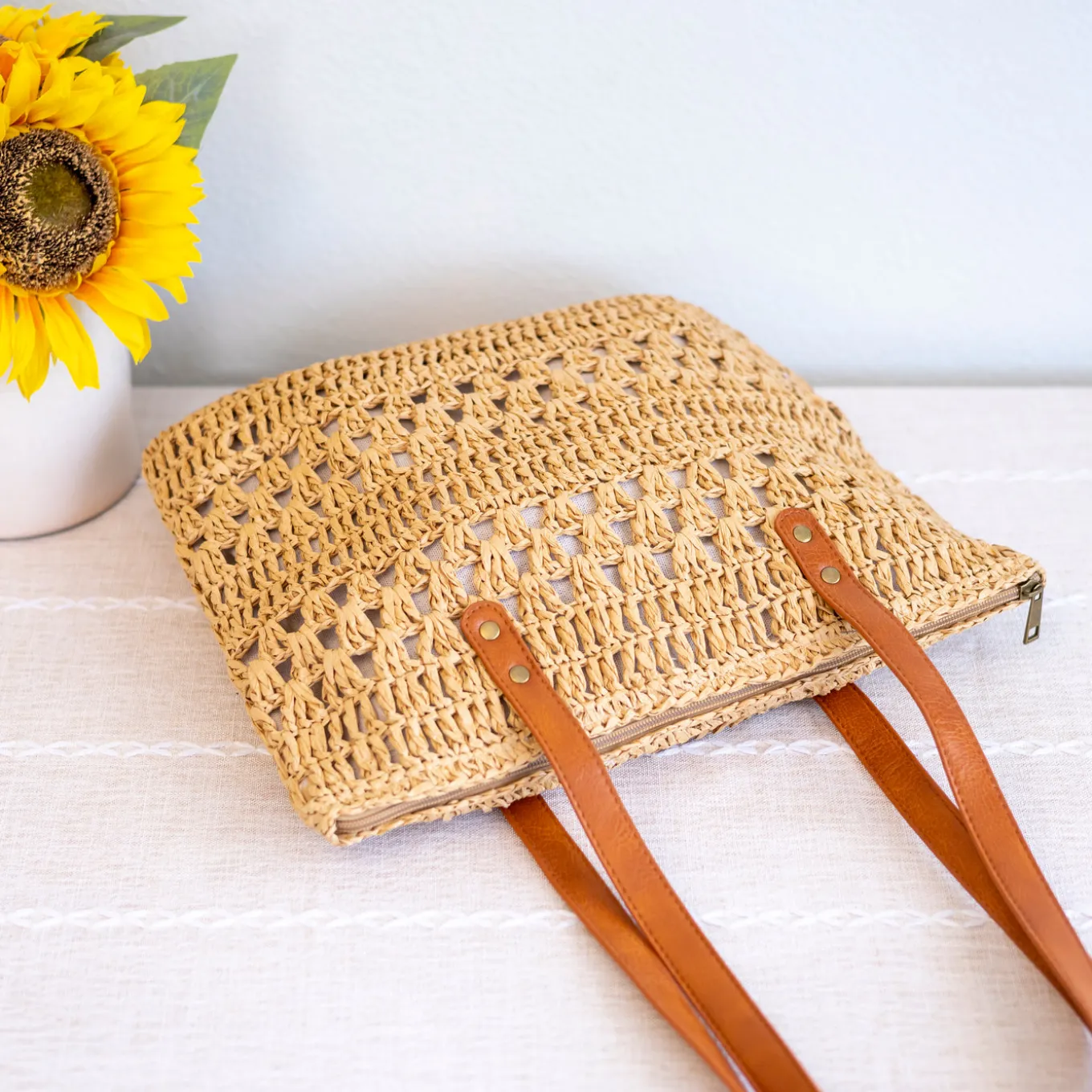 Elena Handbags Patterned Straw Woven Tote Bag