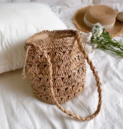 Elena Handbags Patterned Straw Shoulder Bucket Bag