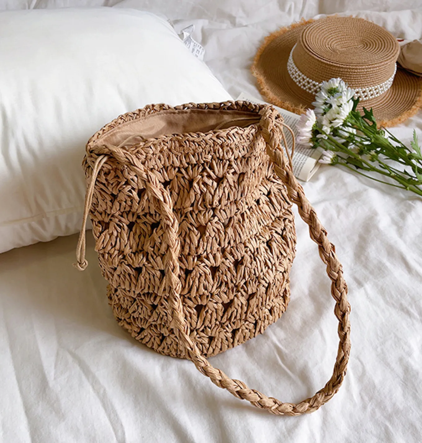 Elena Handbags Patterned Straw Shoulder Bucket Bag