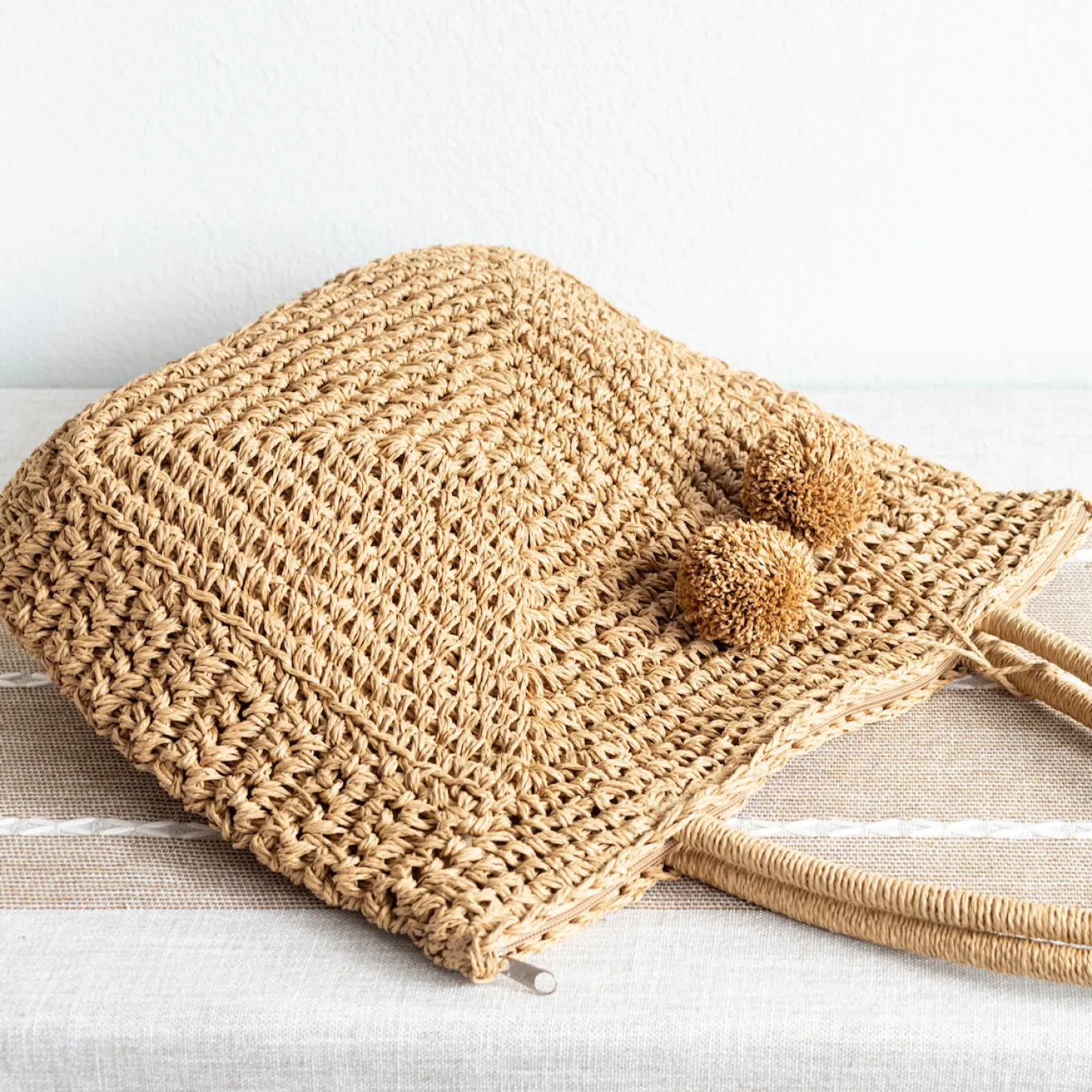 Elena Handbags Patterned Straw Woven Tote with Pom Pom