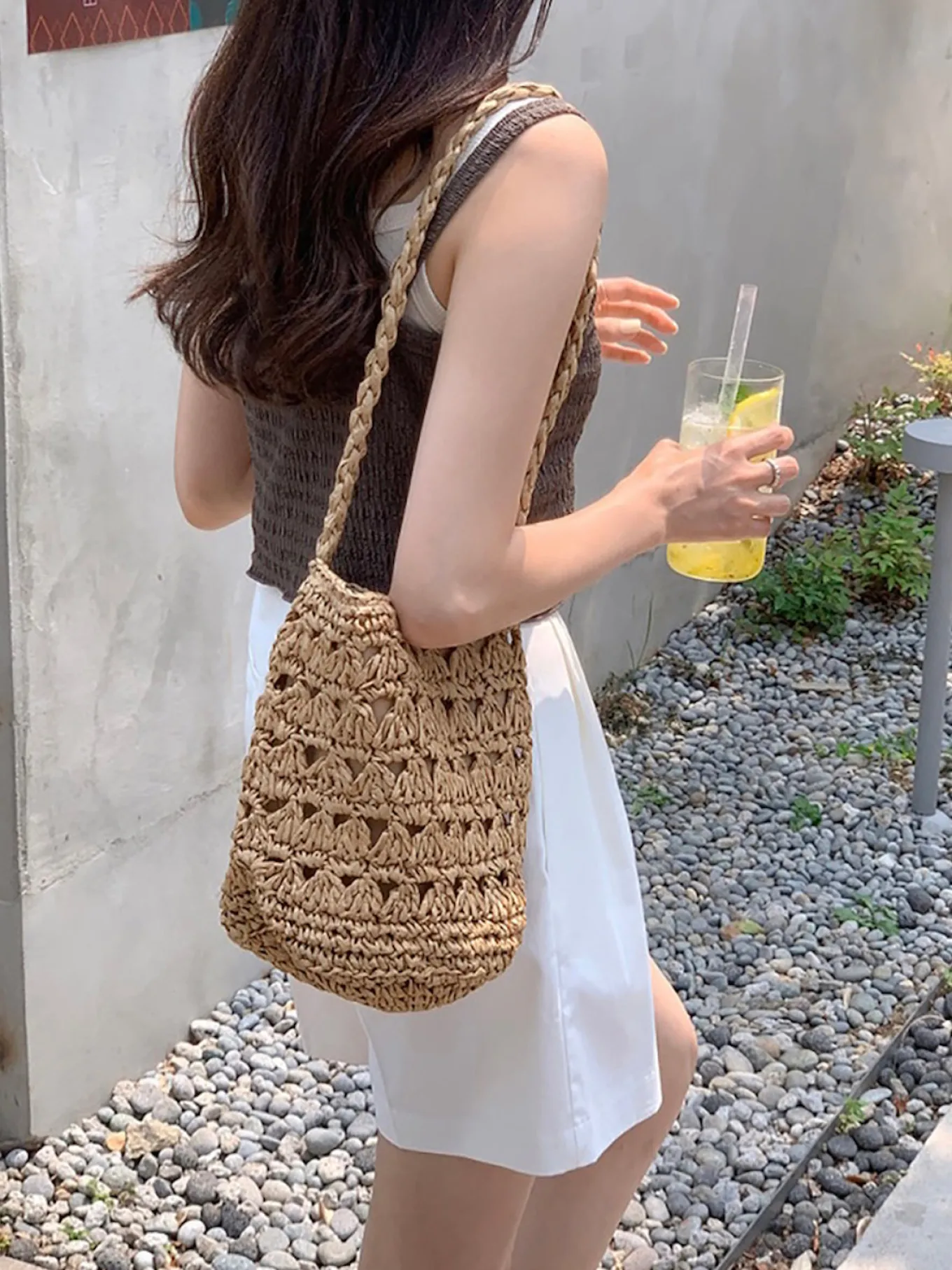 Elena Handbags Patterned Straw Shoulder Bucket Bag